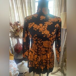 60’s Vintage Floral Black and Orange Dress